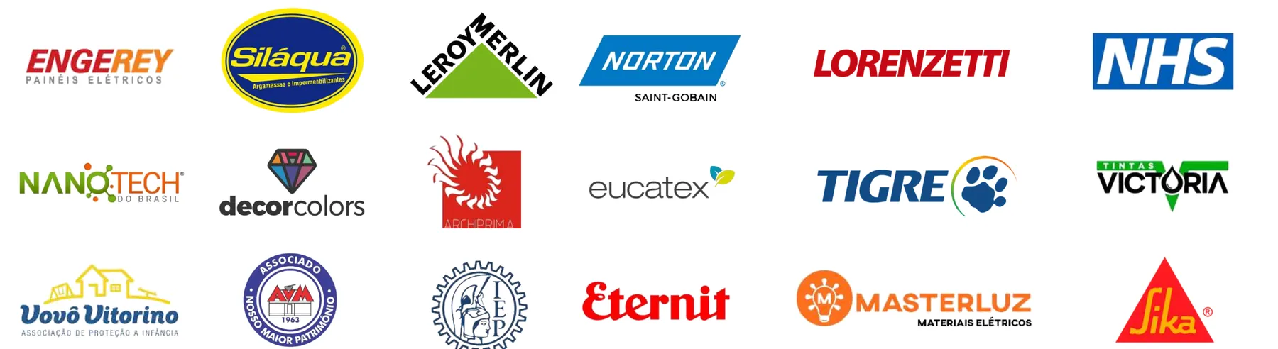 Fabricantes e instituições parceiras: Engerey, Siláqua, Leroy Merlin, Norton, Lorenzetti, NHS, Nanotech, Decor Colors, Eucatex, Tigre, Tintas Victoria, Eternit, Masterluz, Sika e outras